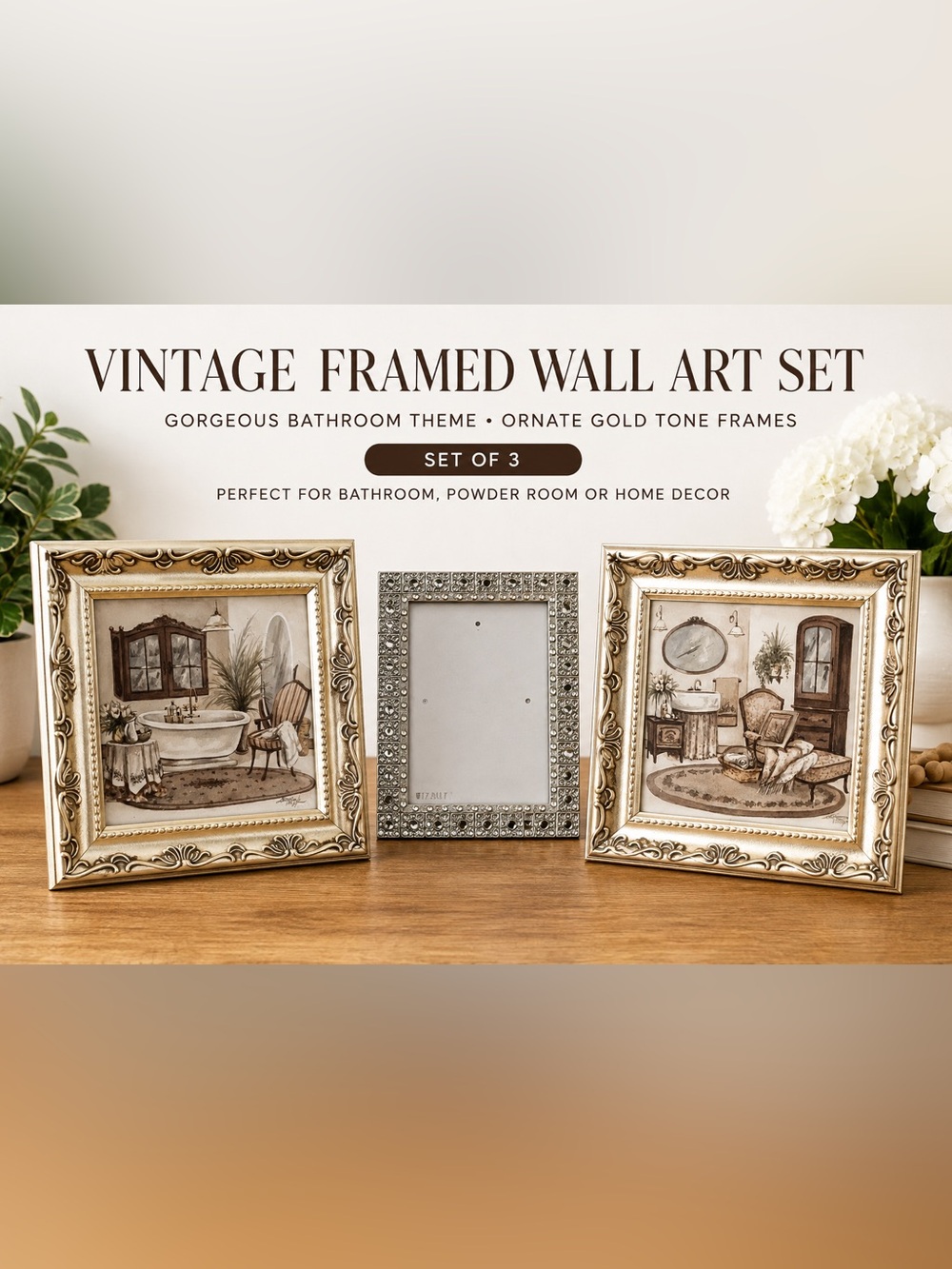 Wall Art Set of 2 + Silver Tone Picture Frame | Ornate Frames Bathroom wall Art